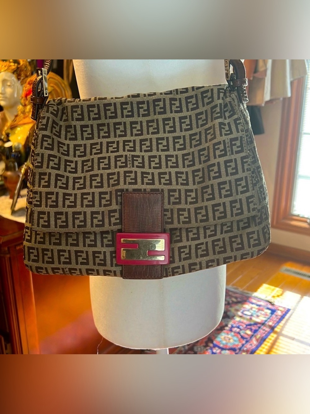 Fendi Brown Zucca Monogram Shoulder Bag with Gold & Red Buckle